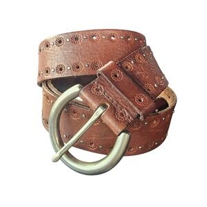 Fossil Y2K Boho Leather Belt L 1.25" Wide Studded Floral Tooled Western Festival